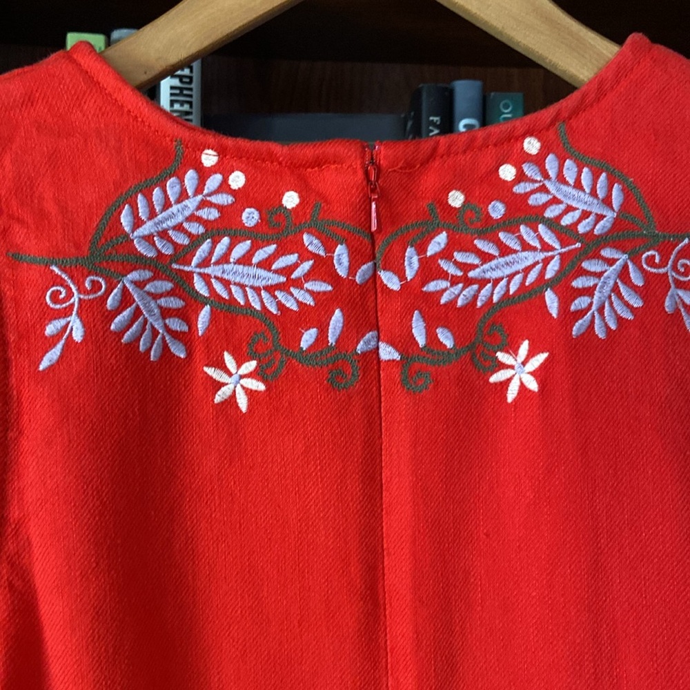 New! Anthropologie Aiko Embroidered Red Linen Blend Shift Dress Women's Size 6 - Picture 10 of 13